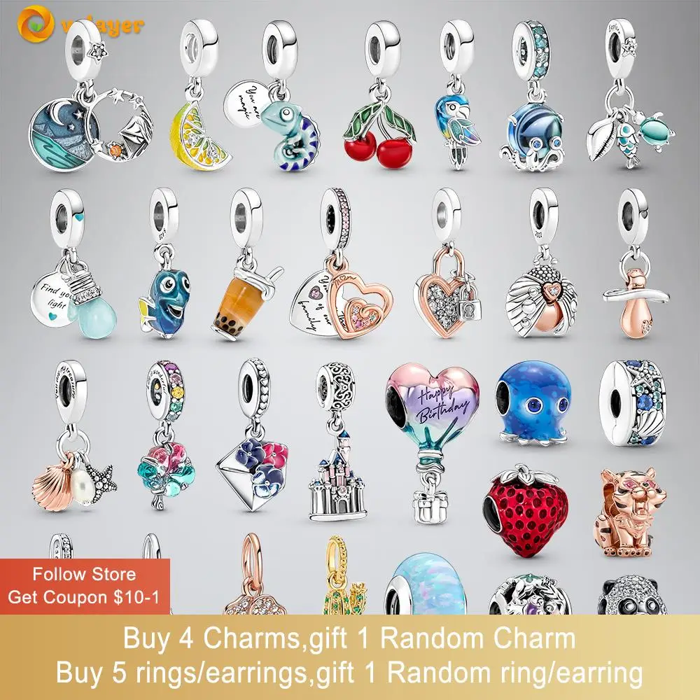 

2022 925 Sterling Silver Pansy Lemon Octopus Fish Conch Murano Glass Turtles Charms fit Original Pandora Bracelets or Necklaces