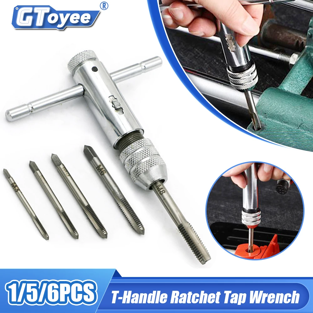 

Adjustable Silver T-Handle Ratchet Tap Holder Wrench Set Hand Tools with 5pc M3-M8 Machine Screw Thread Metric Plug T-shaped Tap