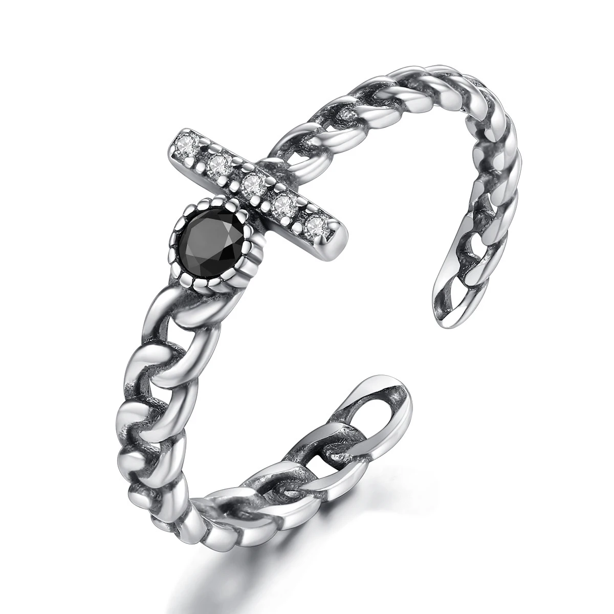 

High Quality 925 Sterling Silver Cross Black Zircon Rings for Women Luxury Gemstone Rings Fine Jewelry Retro Gifts for Girls