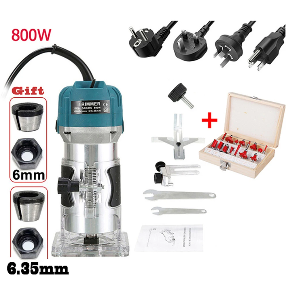 

800W Woodworking Electric Trimmer Wood Milling Engraving Slotting Trimming Machine Hand Carving Router EU Plug 6.35mm 220V/110V