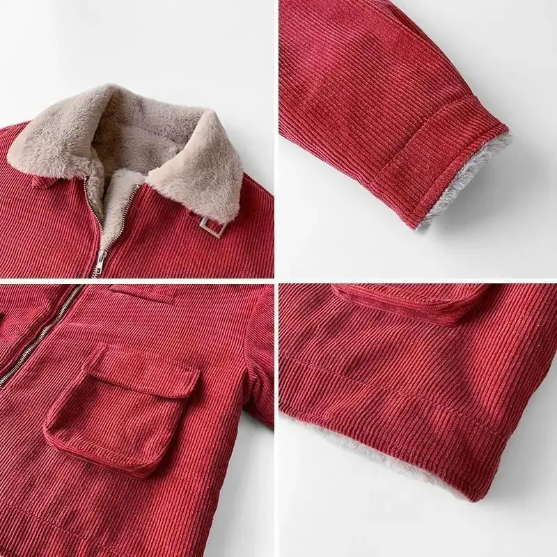 Lamb wool fleece thickened warm parka women's single-breasted cotton suit long-sleeved Leisure loose All-match corduroy female