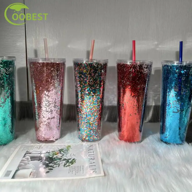 

New 710ml Double Layer Colorful Glitter Plastic Cup With Straw Creative Water Cup Straw Cup Coffee Tumbler Reusable Drinking Mug