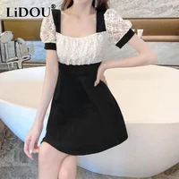 2022 summer sexy square collar lace patchwork mini dresses female short sleeve waist evening party dress backless vestidos women