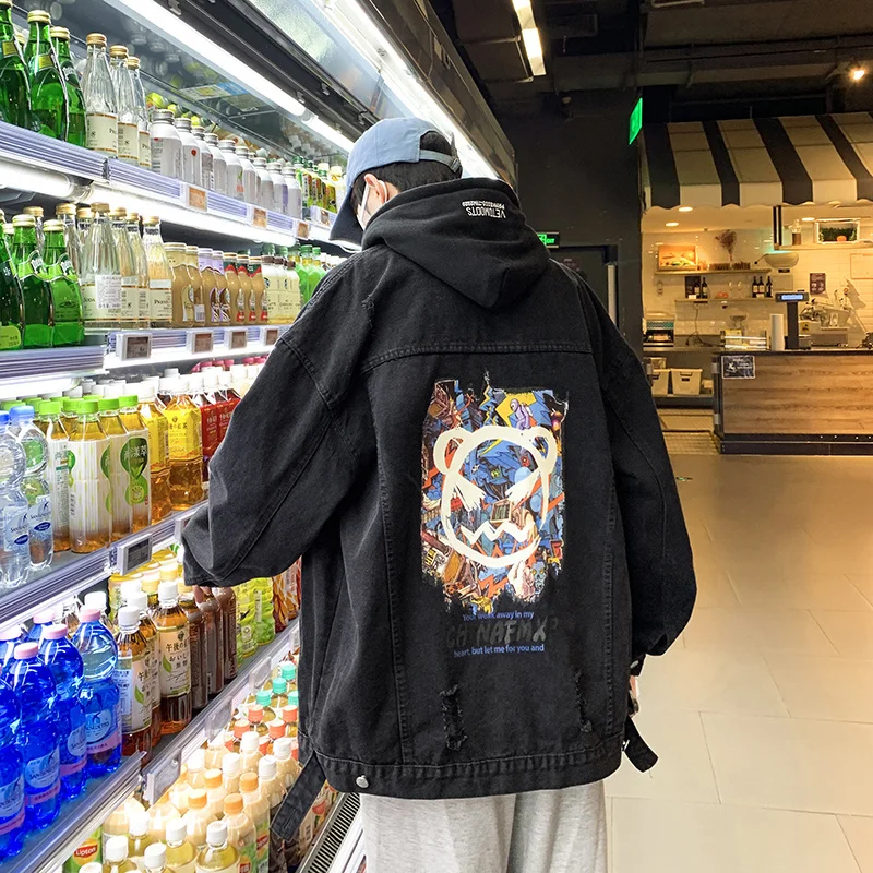 

Мужская джинсовая куртка большого размера, пальто с капюшоном, Корейская уличная одежда, для отдыха, с рисунком, осень 2020