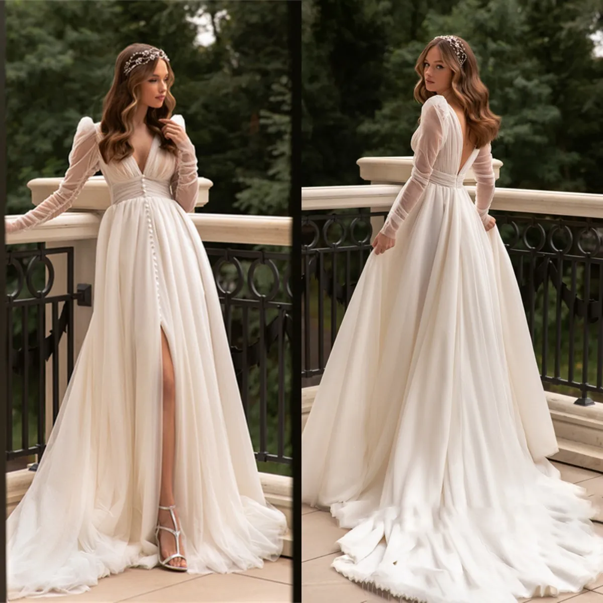 

Fairy Ivory A Line Wedding Dress 2023 Long Sleeve V Neck Bride Dress Puff Tulle Side Split Boho Wedding Gowns vestido novia