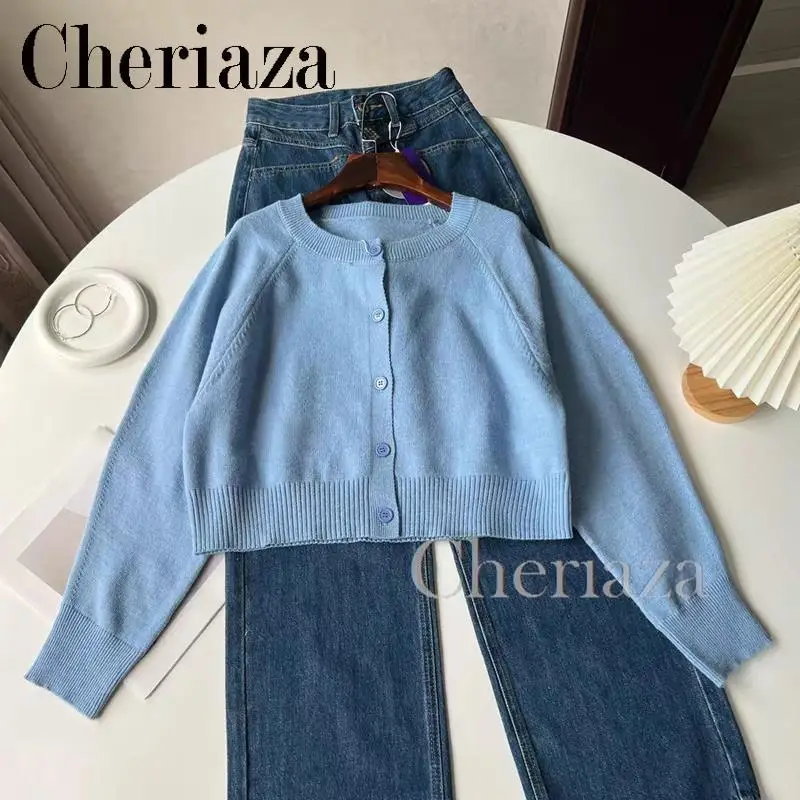 

Cheriaza 2024 Autumn Winter Women New Solid Color Simplicity Versatile Round Neck Button Cardigan Short Knitwear Long Sleeved