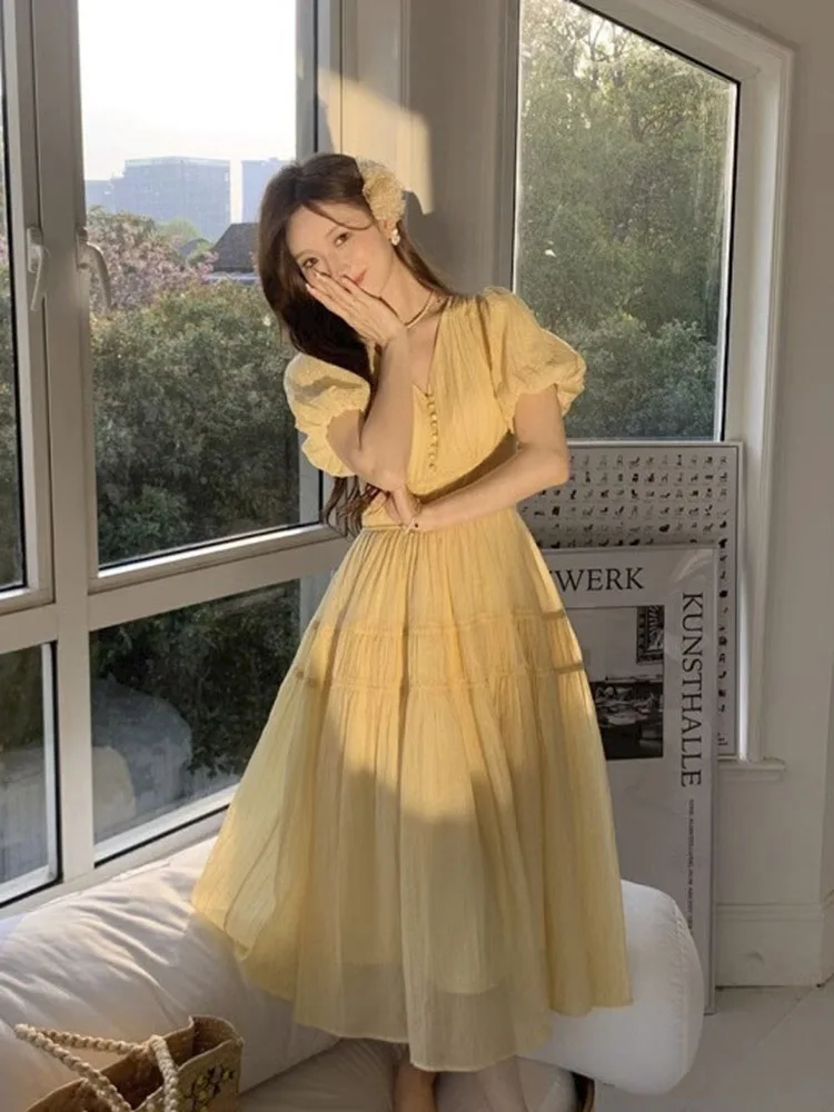 Платье женское с V-образным вырезом коротким рукавом и высокой талией