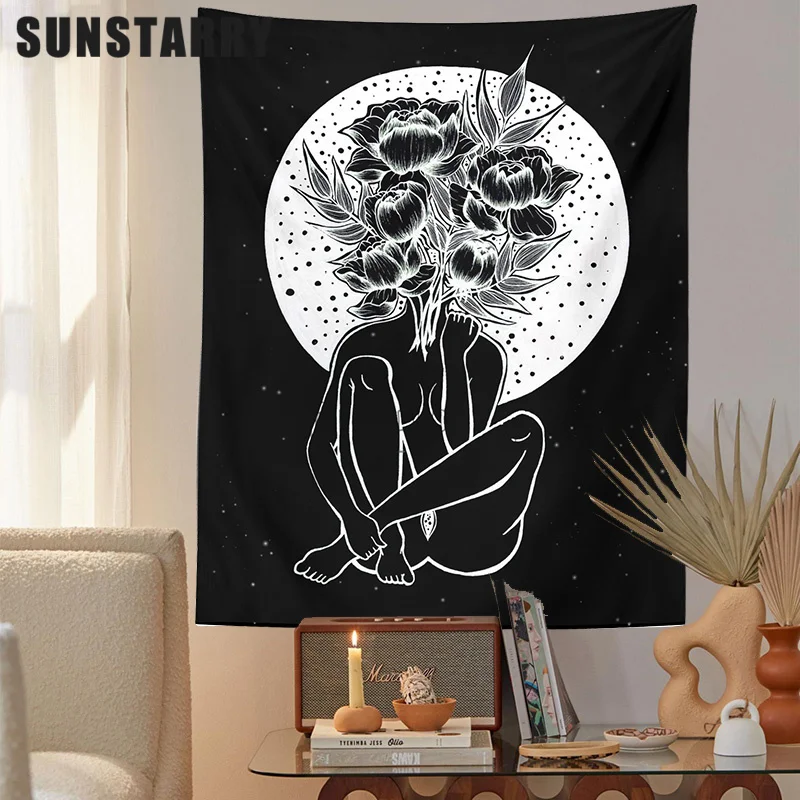 

Mushroom Girl Tapestry Wall Hanging Sun Moon Trippy Flower Tapestries Background Decor Poster For Bedroom Living Room Home Decor