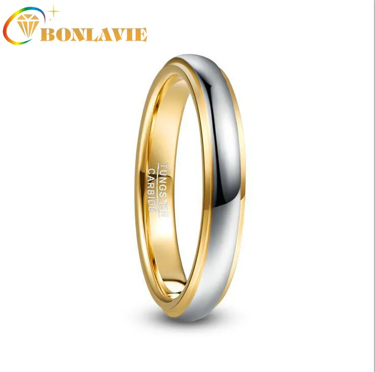 

BONLAVIE 4mm Width Domed Polished Step Gold Color Plating Tungsten Steel Men's Ring Wedding Band Tungsten Carbide Ring
