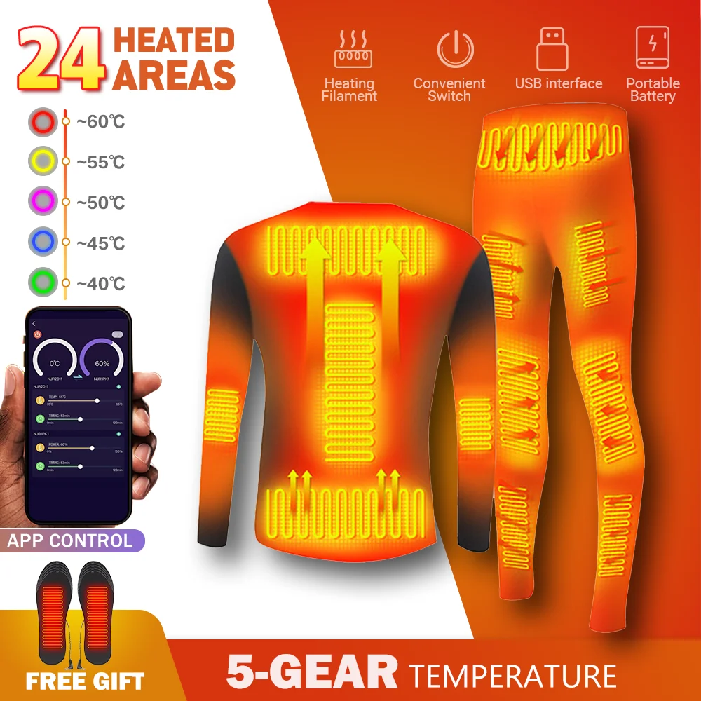 

Man Jacket Tops Heated Thermal Underwear USB Battery Winter Powered Smart Phone APP Control Temperature Women Underwear Fleece