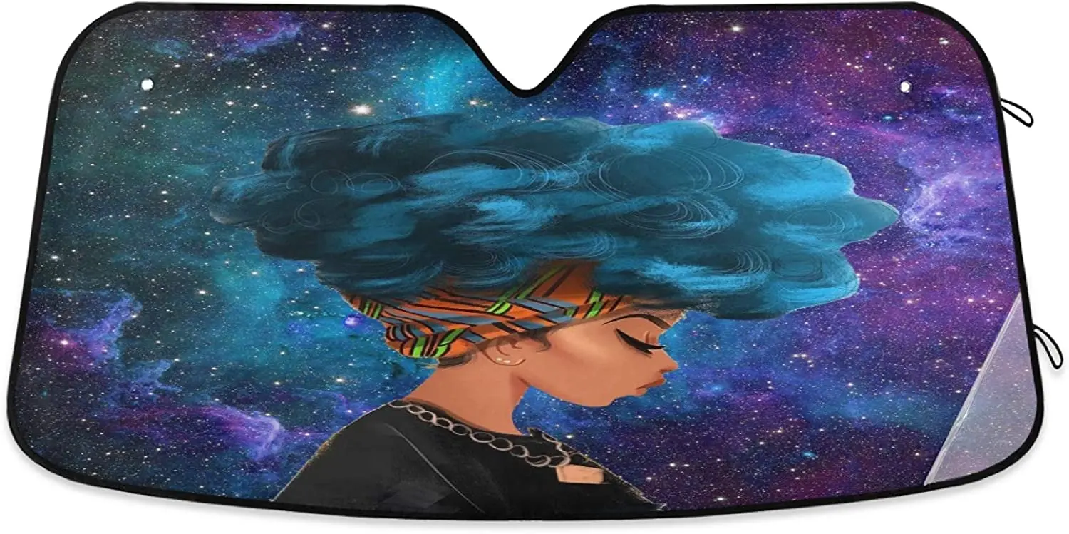 

Black African Woman Lady Galaxy Car Windshield Sun Shade Young American Girl Sunshade Blocks UV Rays Protector Keep Your Vehicle