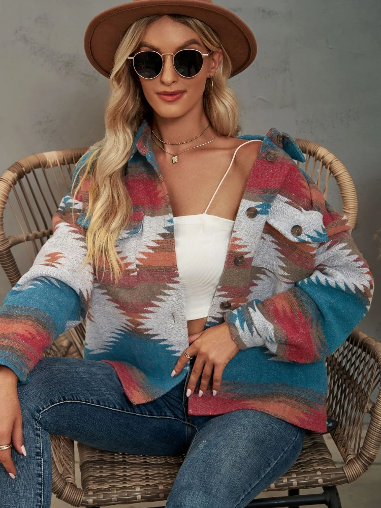 

Single Breasted Lapel Jacket Regular AZTEC Geometric Pattern Short Loose Double Pockets Button Women Clothing Retro Woolen Coats