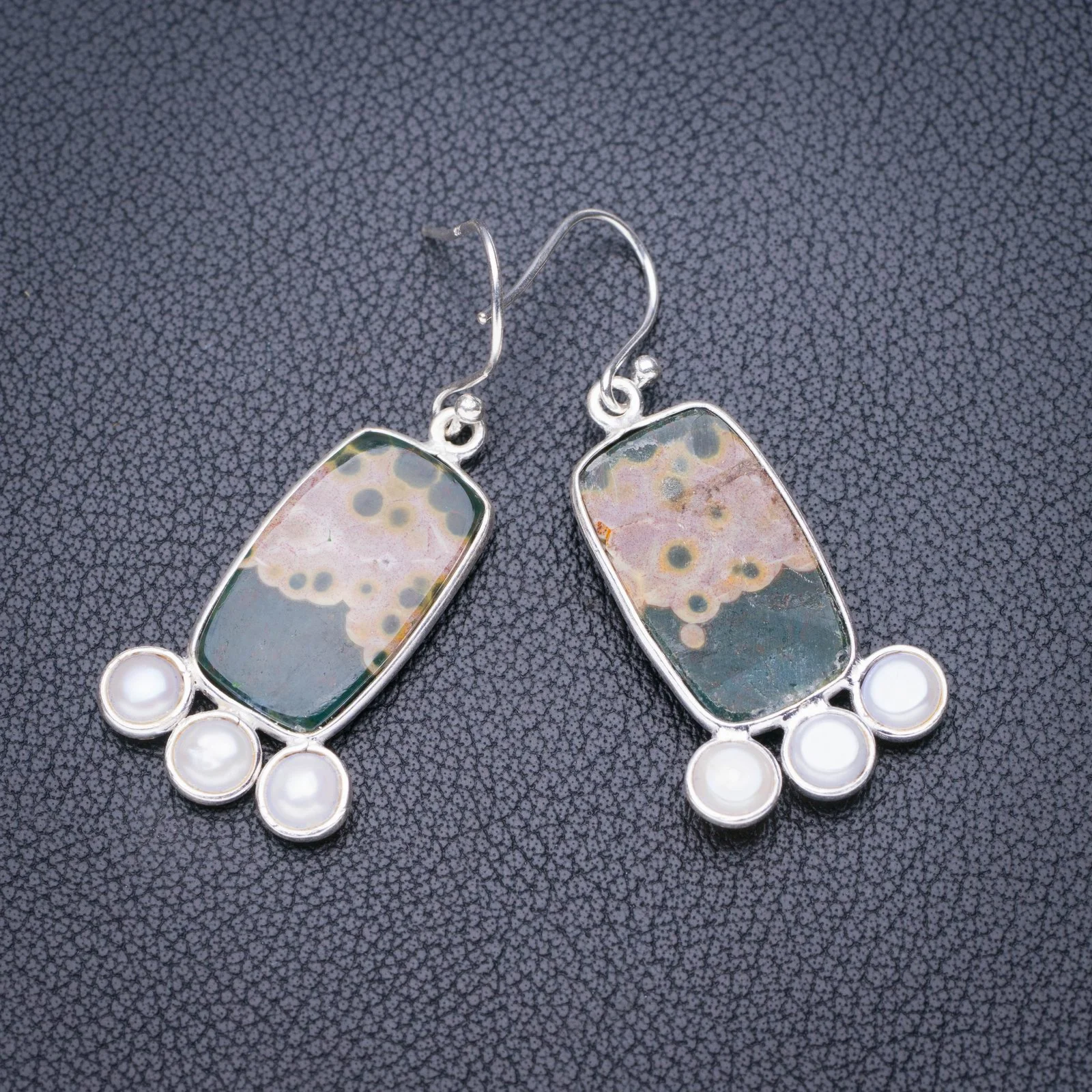 

StarGems Natural Ocean Jasper River Pearl Handmade 925 Sterling Silver Earrings 1.75" E6125