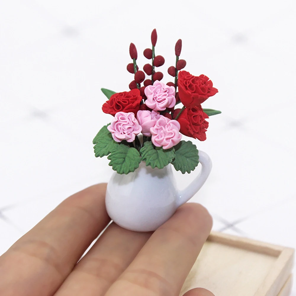 

1/12 миниатюрная керамическая ваза для кукольного домика, имитация цветов в горшке, игрушки для мини-украшения, аксессуары для кукольного домика