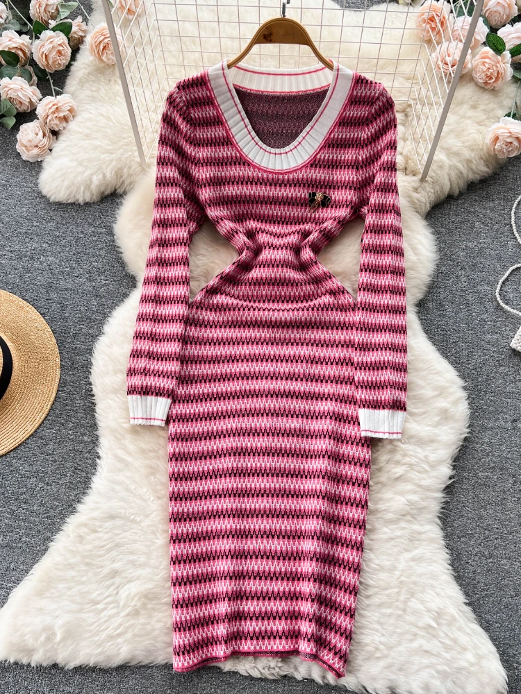 

Winter Women Knitting Dresses Ladies Casual Stripes Slim High Stretch Knee-length Long Sleeves Knitted Sweater Pencil Dress