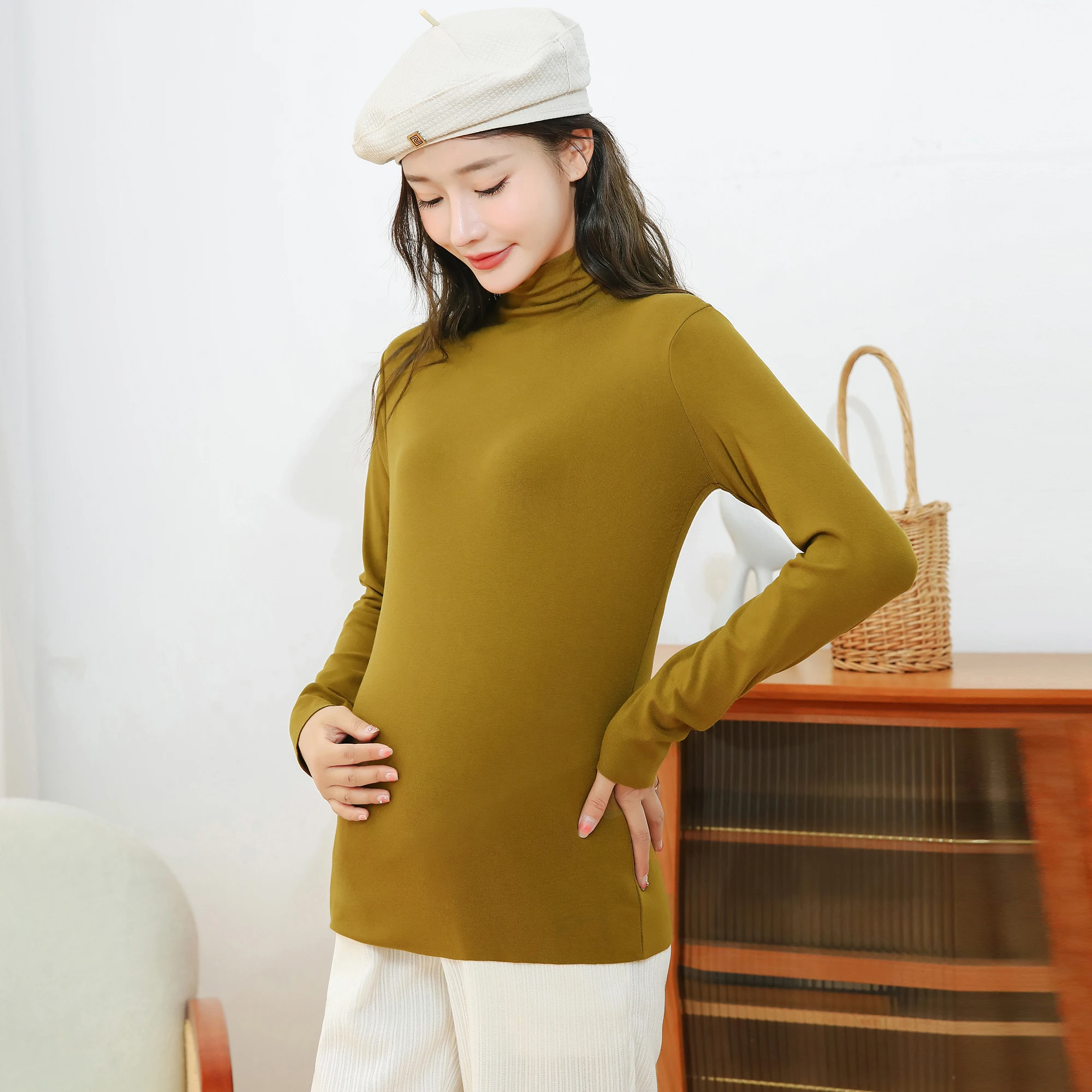 

6627# Autumn Soft Thin Cotton Maternity Tees High Neck Slim A Line T Shirt Clothes for Pregnant Women Pregnancy Bottoming Tops