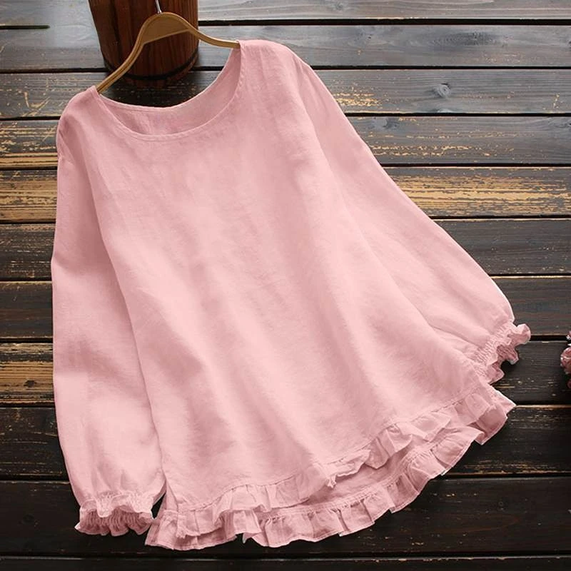 Vintage Casual Ruffles Blouse Solid Color Blusas Loose Chemise Cotton Shirt Tunic Women Spring O Neck Long Sleeve Tops