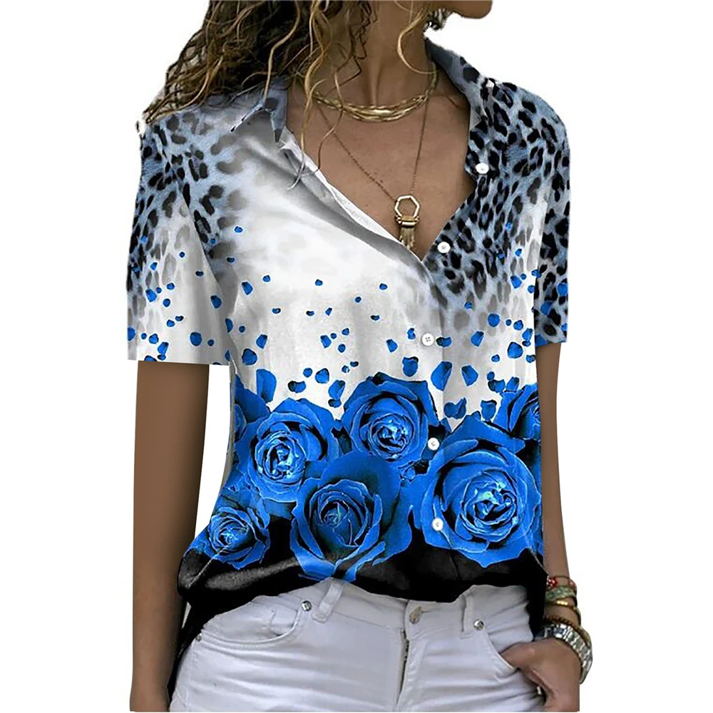

Fashion Summer Blouse Women Casual Short Sleeve Blouse Retro Rose Printed Short Sleeve Women Clothing Commute Blouse