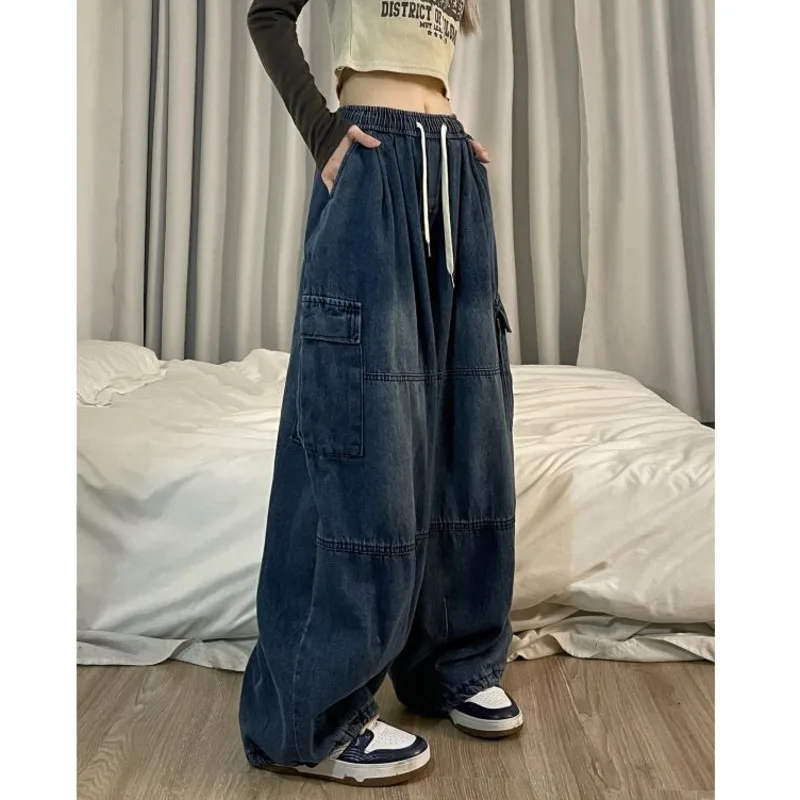 

Женские джинсы в стиле Хай-стрит, свободные брюки-карго с широкими штанинами в Корейском стиле, повседневные мешковатые брюки в стиле хип-хоп, Y2k, Харадзюку, новинка 2023 года