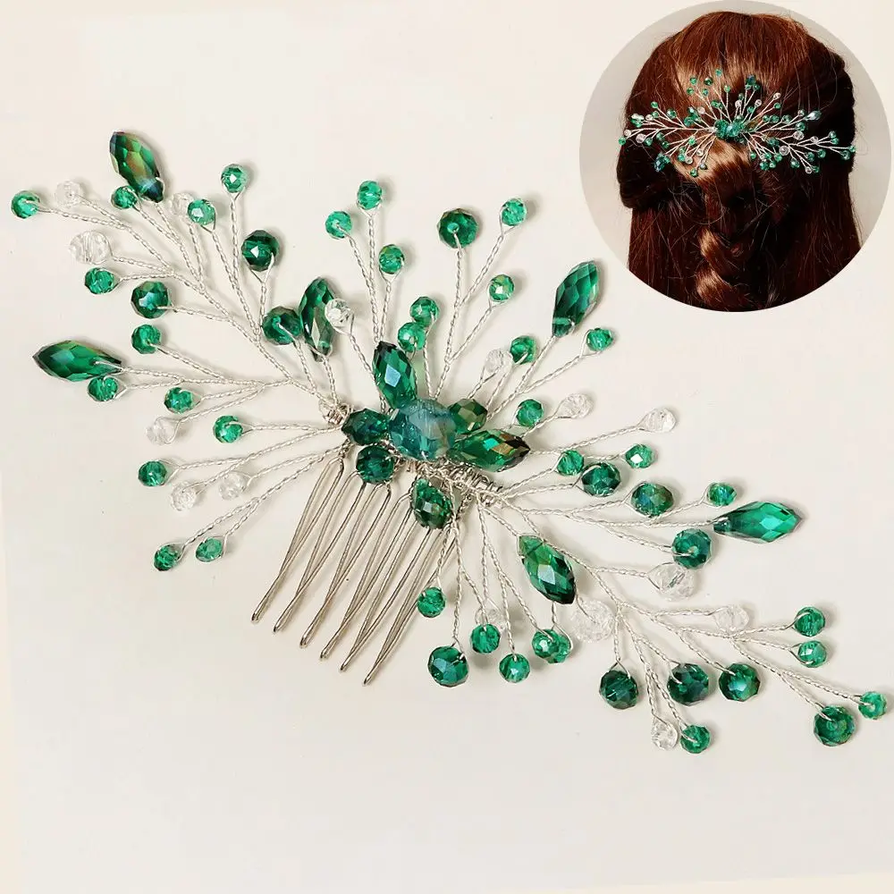 

Delicate Leaves Headpiece Wedding Bridesmaid Crystal Tiara Green Crystal Leaf Hair Combs Hair Pin Bridal Clips