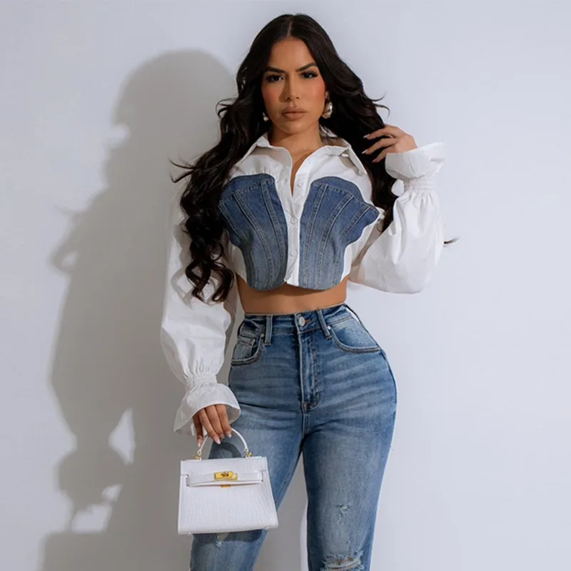 Elegant Denim Patchwork Shirts Women Clothing Flare Sleeve Turn-down Collar Button Up Cropped Blouse Blusas Elegante Feminina