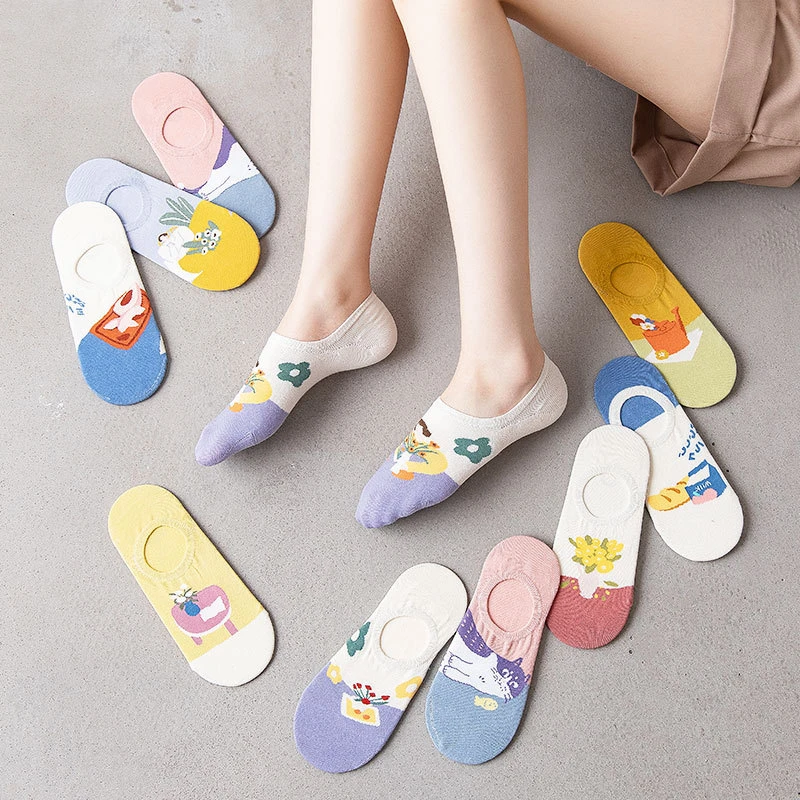 

Spring Summer Sweat-absorbing Invisible Boat Socks Animal Printing Cartoon Mesh Breathable Casual Woman Socks Couple Cotton Sock