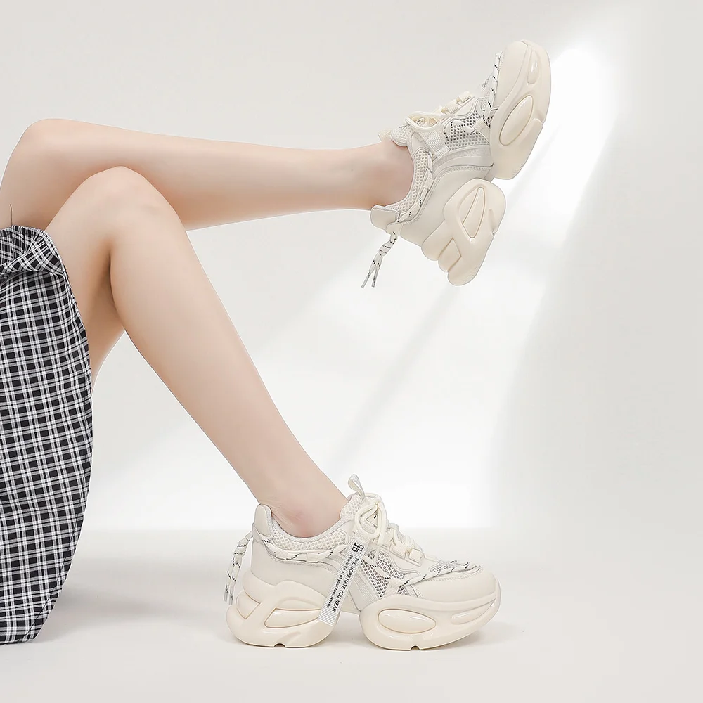 SOMILISS Women Platform Sneakers Genuine Leather Mesh Lace Up Round Toe Fashion Ladies Chunky Casual Sneaker Shoes Handmade