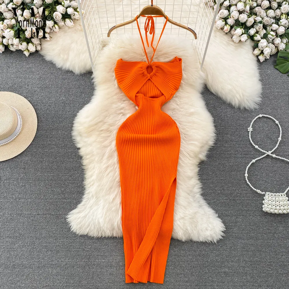 

YornMona Sexy Package Hips High Split Women Dress 2023 Summer Vacation Fashion Halter Knitted Bodycon Party Dress Vestidos