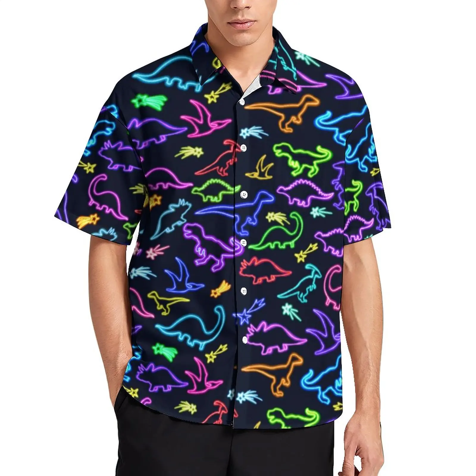 

Neon Dinosaur Print Casual Shirt Colorful Lines Vacation Shirt Hawaiian Vintage Blouses Short Sleeve Graphic Oversized Clothes
