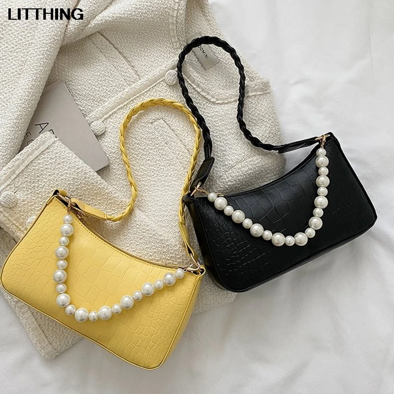 

Crocodile Pattern Totes Bags For Women 2021 Vintage Pearl Shoulder Handbag Female Small Underarm Bags Casual Mini Bolsa Feminina