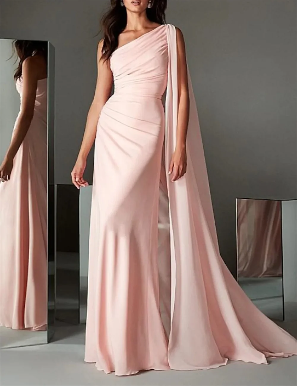 

Minimalist Evening Dress Formal Occasion Dresses Engagement Sweep Brush Train Sleeveless One Shoulder Chiffon with Sleek 2023