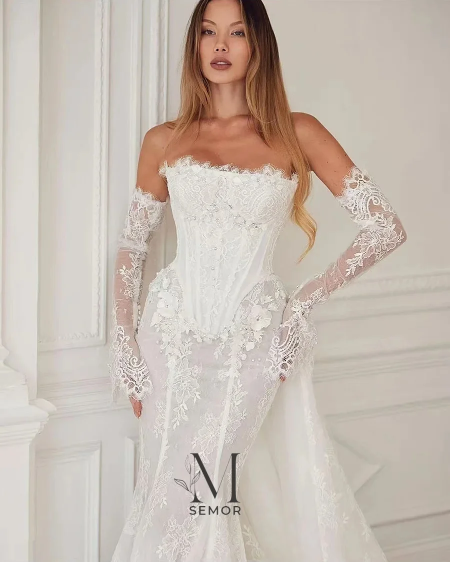 Фото Свадебные платья Semor Elegance с вышивкой бисером и кружевом, фасон «русалка», с 3D цветами, без бретелек, со съемными рукавами, на заказ №3