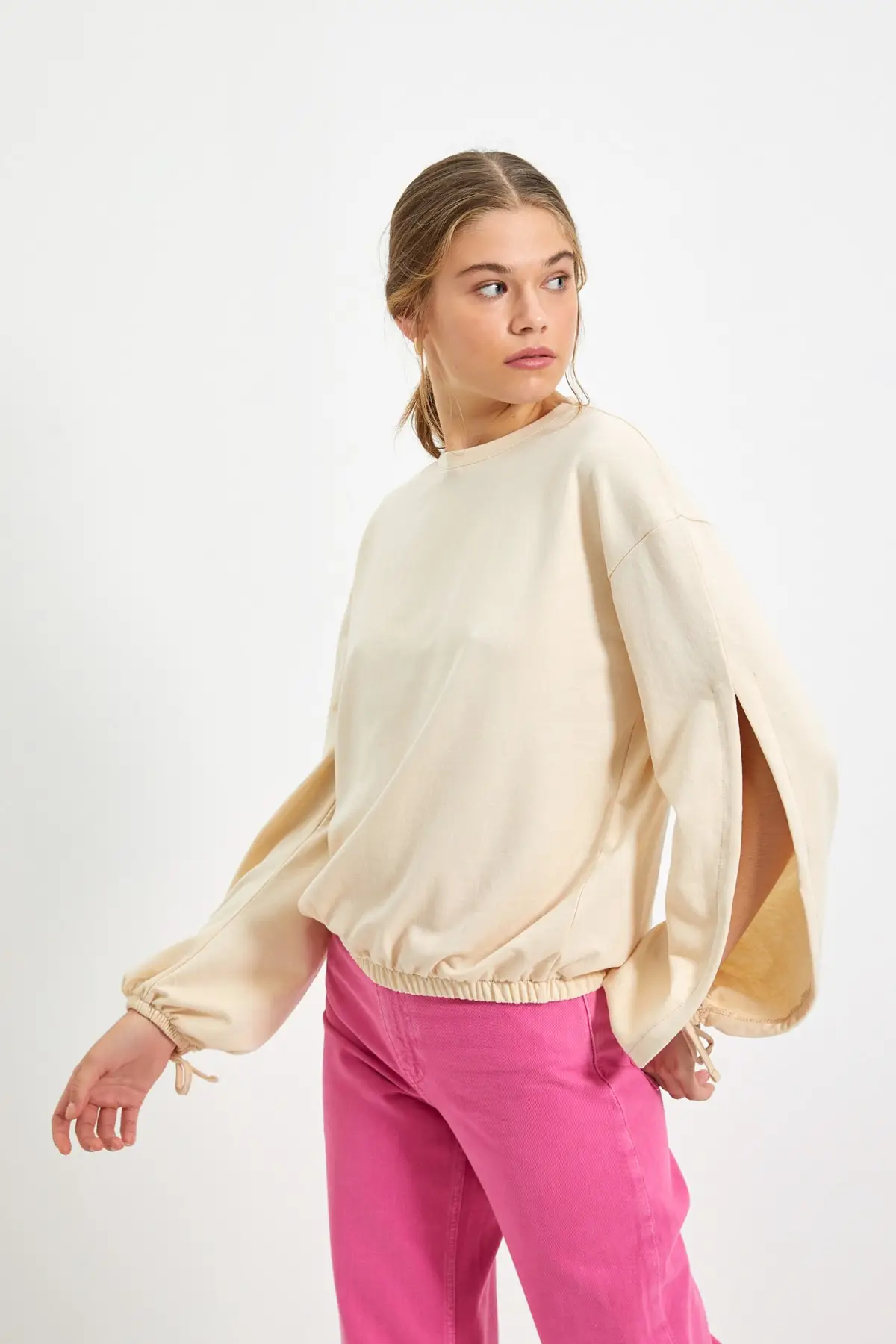 

Beige Shir Detaylı Basic Knitted Slim Sweatshirt Christmas gift