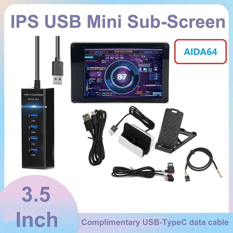 

AIDA64 3.5-Inch Chassis Display Kit With USB Hub+Charging Base+Elbow Data Cable+4Pin Motherboard Adapter Cable 9-Pin