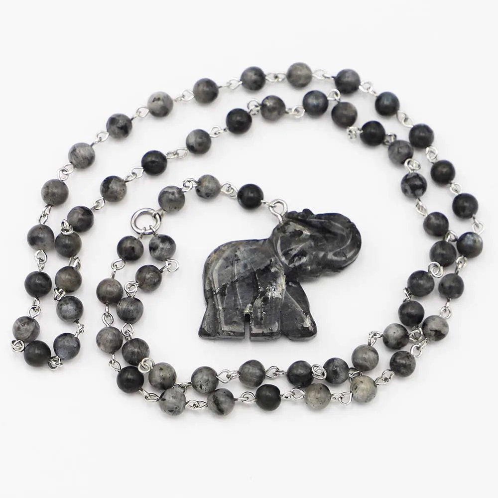

Natural Black Glitter Stone Round Beads Sculpture Elephant Pendant Necklace Charms DIY Sweater Chain Jewelry Wholesale Gift 3Pcs