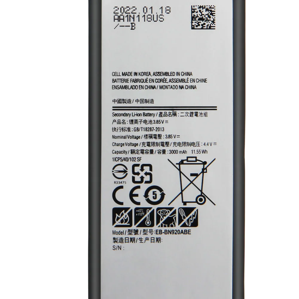 Аккумулятор заменяющего типа EB-BN920ABE для Samsung GALAXY Note5 N9200 N920t N920c SM-N9208 N9208 с NFC 3000mAh on.