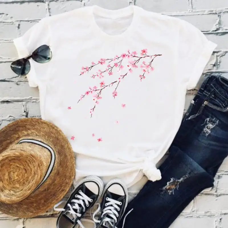 

Футболка женская с коротким рукавом, милый Повседневный Топ с цветочным принтом, модная эстетичная рубашка с графическим принтом, на весну-...