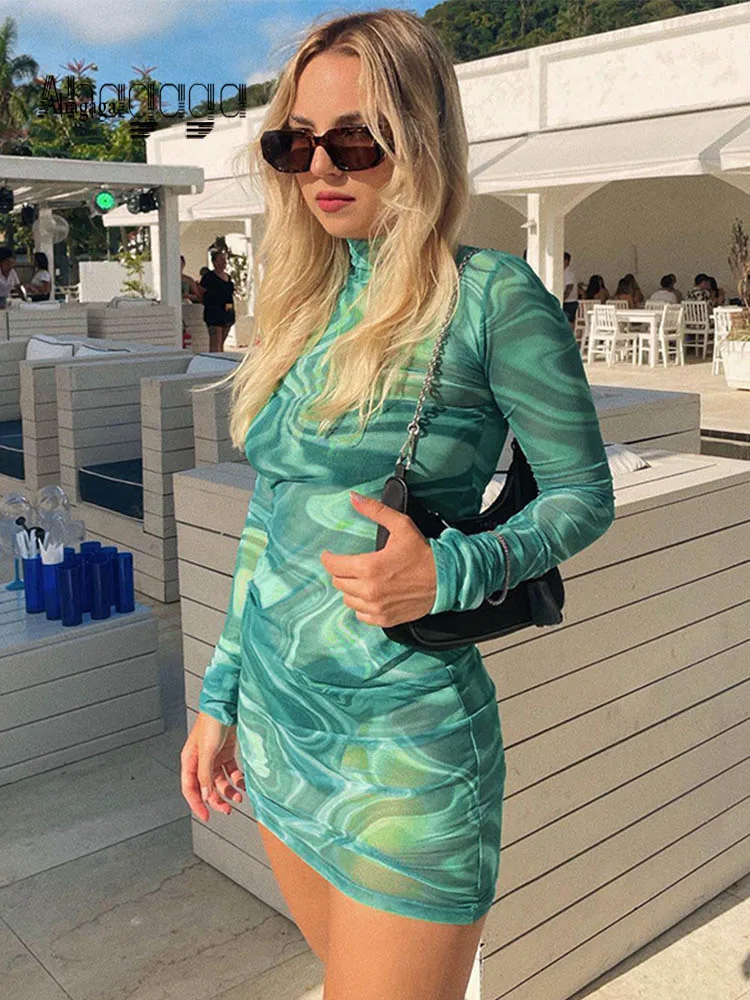 

Сексуальное женское платье AHAgaga с принтом, Сетчатое прозрачное женское мини-платье, повседневное женское платье, осеннее платье