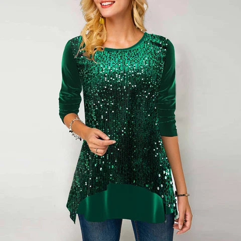 Женская винтажная однотонная блузка с блестками, модная весенняя Дамская блузка с круглым вырезом и длинным рукавом, уличный Повседневный Свободный пуловер, топы, 2022