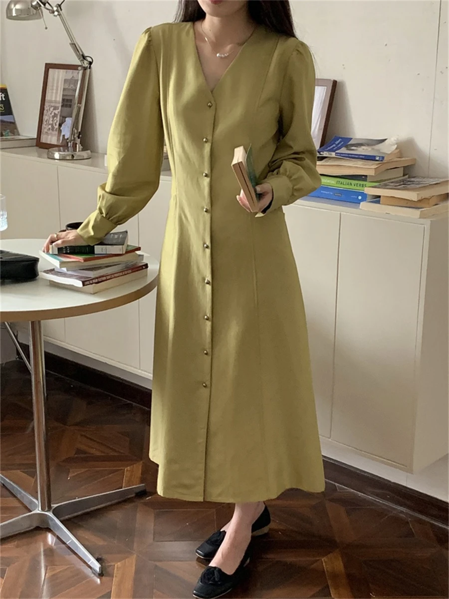 

Midi Dresses Women Autumn Winter 2022 New Solid V-Neck Work Wear OL Vestidos Elegant Casual Office Lady Dress Female Clothes