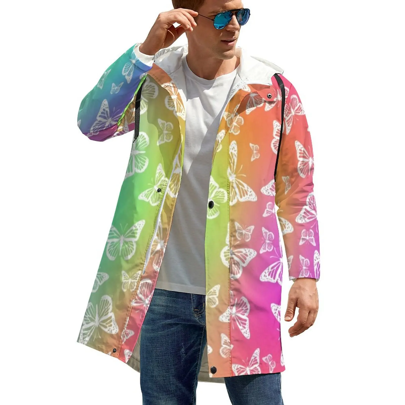 

Белый тренчкот с бабочками, уличные модные повседневные зимние куртки с радужным принтом, уличные ветровки, Одежда большого размера на зака...