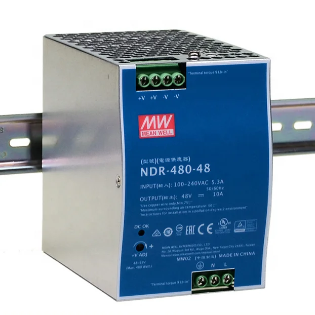 

Mean Well 480W 48 VDC 10A DIN Rail Panel Mounting Switching Power Supply Type NDR-480-48