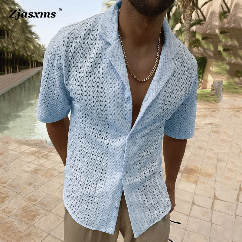 

Men Streetwear Clothes Tops 2023 Summer Hollow Out Knit Solid Color Slim-Fit Shirt Fashion Casual Short-Sleeved Button Lapel Top