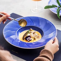 creative blue striped ceramic plate soup bowl restaurant cutlery set dessert snack pastry plate hotel kitchen utensils porcelain