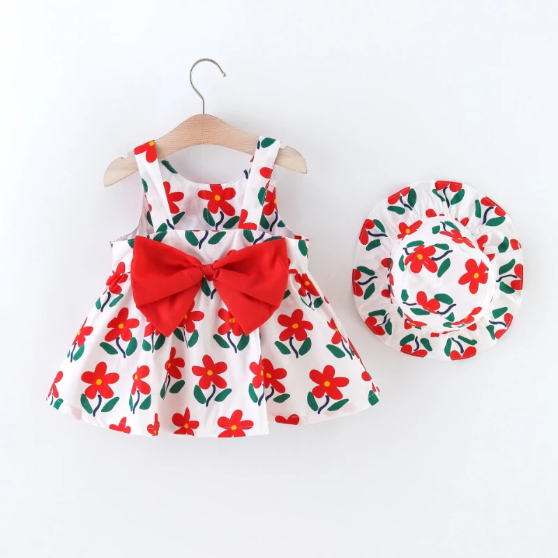 

Newborn Dresses Girls Dress Summer 2022 New Korean Flower Bow Suspender Baby Girl Dress with Hat Printed Toddler Clothes 0-18M