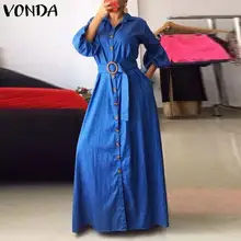 Vonda elegante camisa de outono vestido casual meia manga sólida sundress feminino casual com cinto boêmio praia vestido de verão oversize (2)