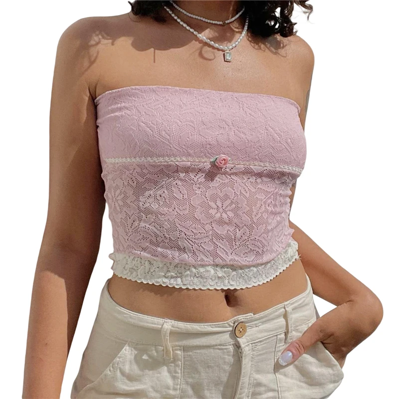 

y2k Tube Tops Women Aesthetic Clothes Pink Floral Lace Patchwork Strapless Sleeveless Tanks with Little Flower 2000s Clothing