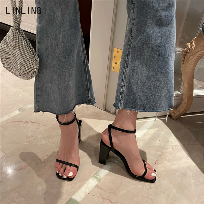 

2022 New Summer Design Narrow Band Ankle Strap Fashion Women Sandals Square Toe Stripper High heels Sandals Shoes