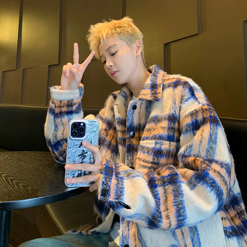 Graceful Wool coat Men's Autumn and Winter Korean Fashion Plaid Outerwear Japan fashion Retro Lapel Woolen Jacket