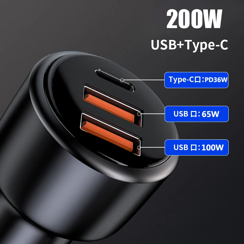 Автомобильное зарядное устройство URVNS 200 Вт USB PD 3 порта супербыстрая зарядка 100 65